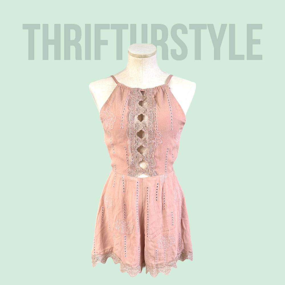 Blush Pink Lace Trim Romper Open Back Tie Spaghetti‎ Strap Cute Casual